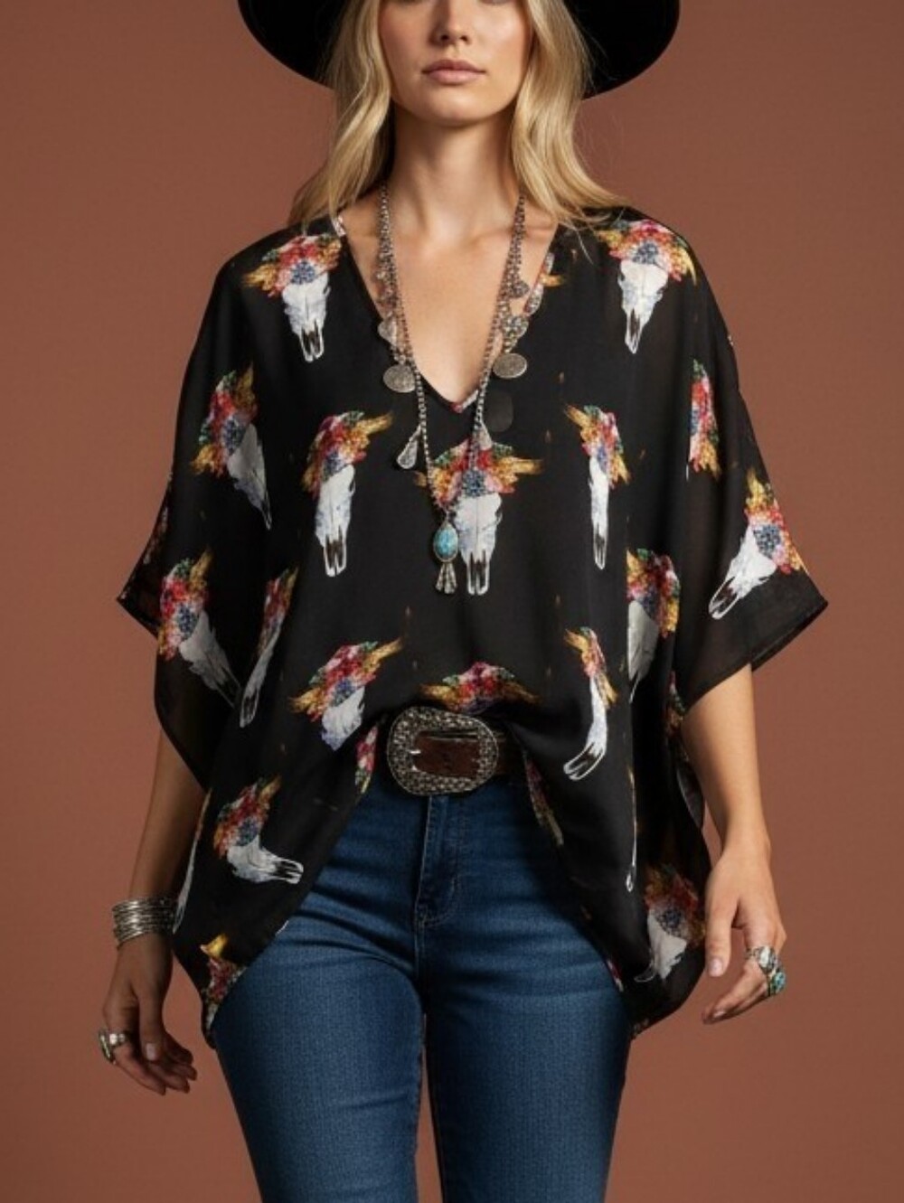 Show Me Your MuMu Peta Tunic Floral Bull Skull Print Oversized Small P2P 31" - Picture 7 of 7